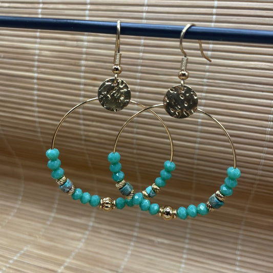 Hélène, Boucles d'oreilles créoles dorées à l'or fin, turquoise