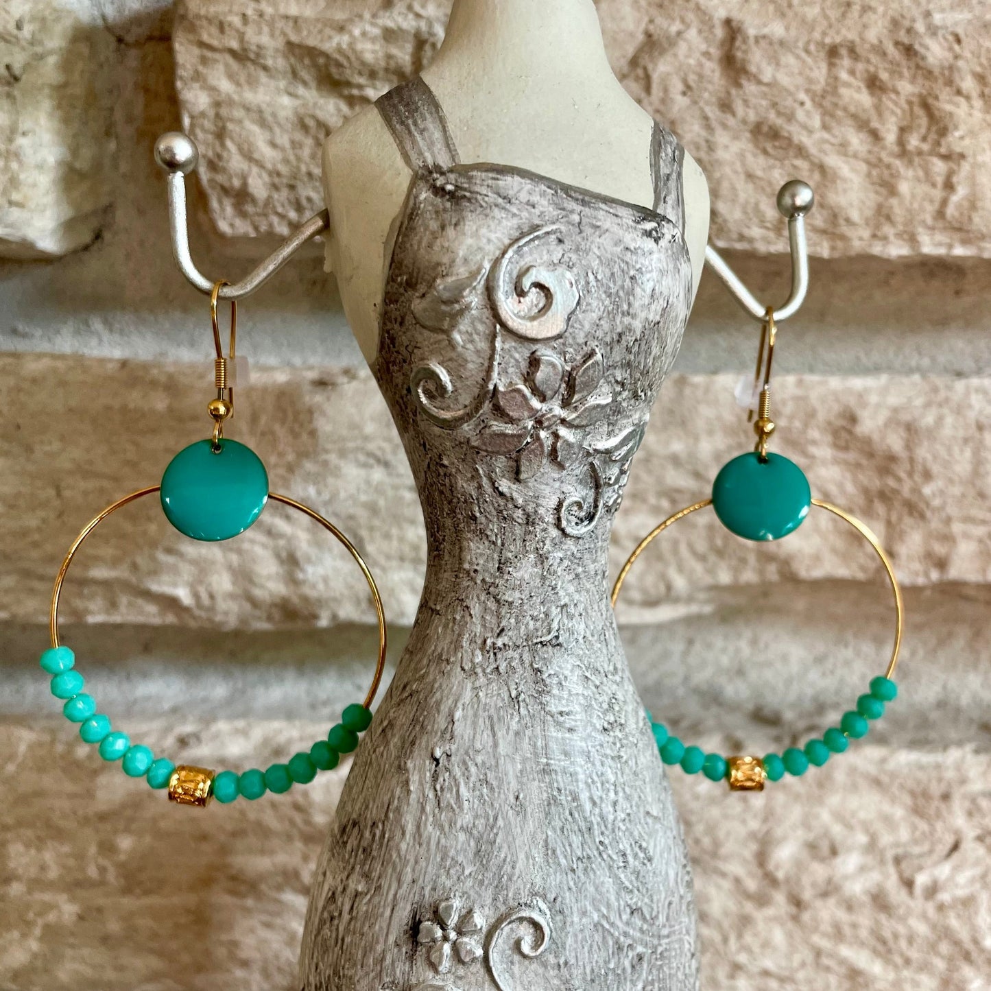 Elena, Boucles d'oreilles créoles dorées à l'or fin turquoise